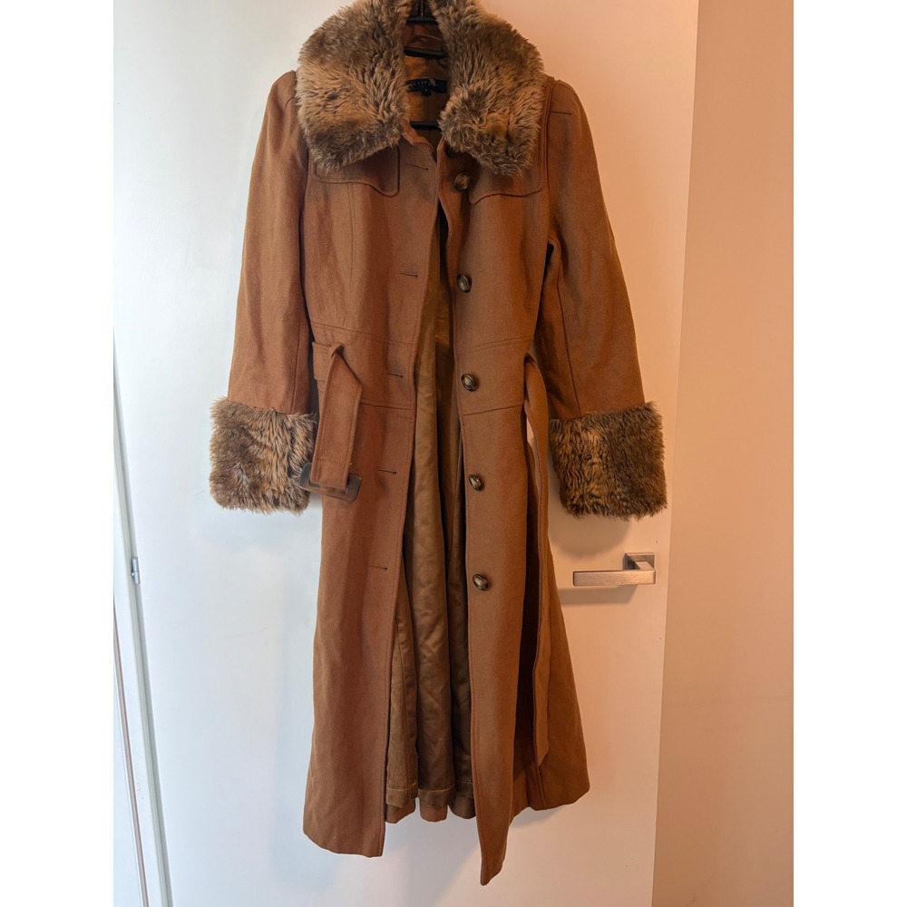 Attitude Penny Lane Maxi Coat Wool Blend Faux Fur Trim Camel Brown Boho Size 6